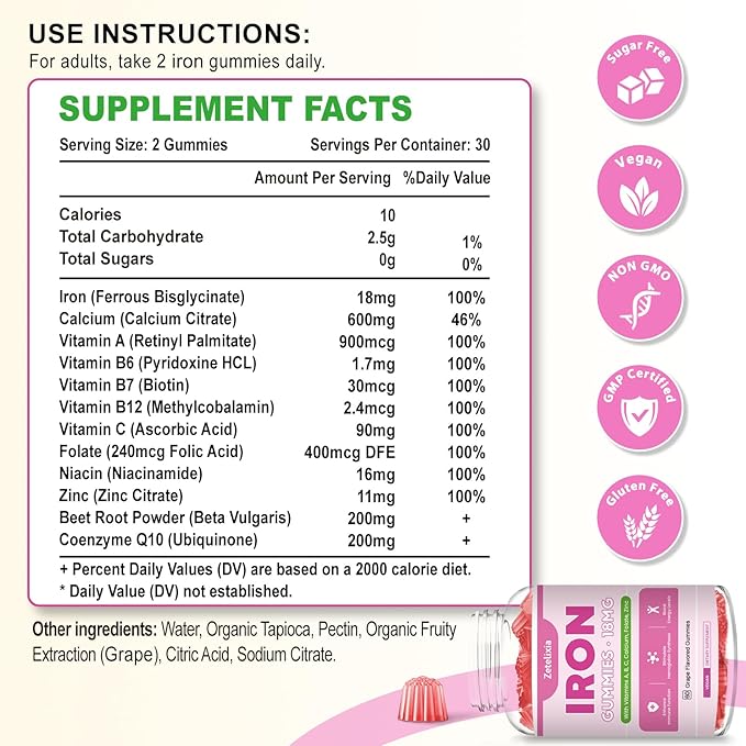 Vegan Iron Supplement Gummies for Women & Men, Anemia, Blood Builder & Energy Support for Iron Deficiency, with Vitamin C, A, B Complex, Folate, Beet Root, CoQ10, Zinc, Sugar Free, 60 Count