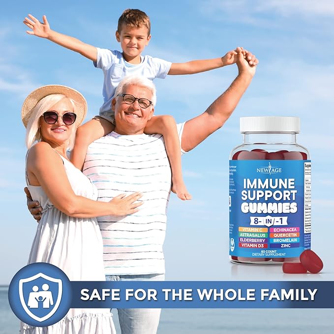 NEW AGE 8 in 1 Immune Support Booster Supplement with Astragalus Root, Vitamin C and Zinc 50mg, Vitamin D 5000 IU, Quercetin & Bromelain (8 in 1 Gummies (Pack of 2))