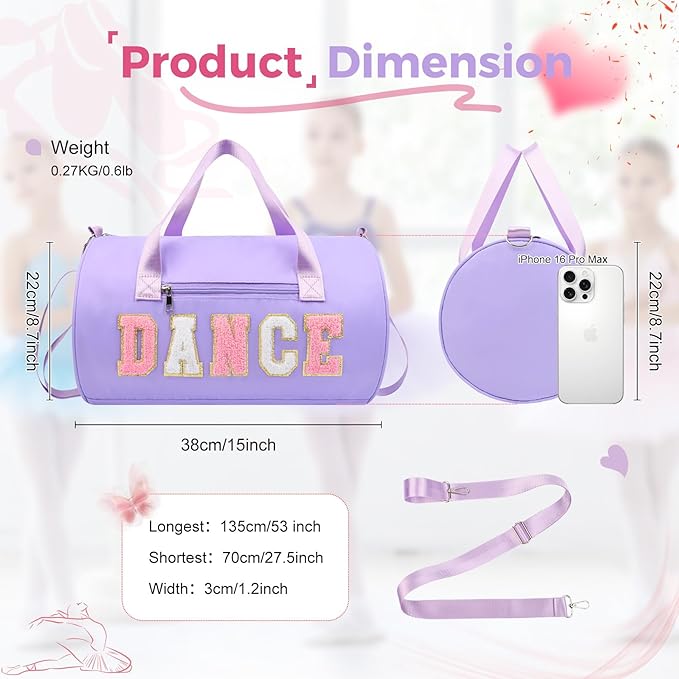 Dance Bag for Girls, KUIRAN 23L Waterproof Travel Duffel Bag with Colorful Chenille Letter, Lightweight Small Gym Sport Ballet Weekender Bag with Large Main Compartment - Purple