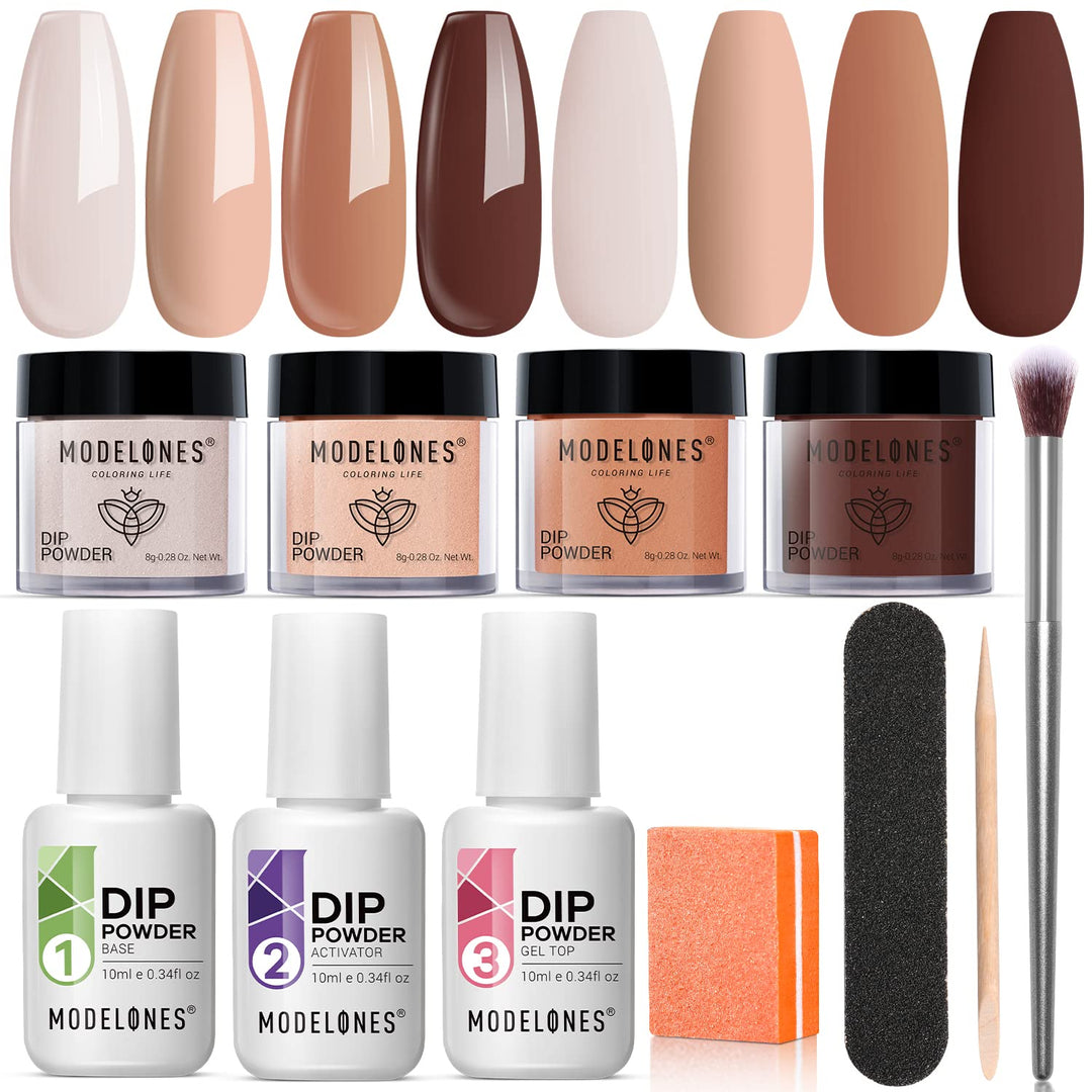 Modelones Dip Powder Nail Kit Starter, 4 Colors Brown Nude Skin Tones Dipping Powder Liquid Set with Base Top Coat Activator Nail Art Beginner DIY Salon