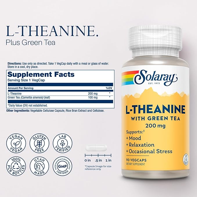 SOLARAY L-Theanine 200mg with Green Tea - Healthy Mood, Relaxation and Occasional Stress Support - Lab Verified, Vegan, Gluten Free - 90 Servings, 90 VegCaps