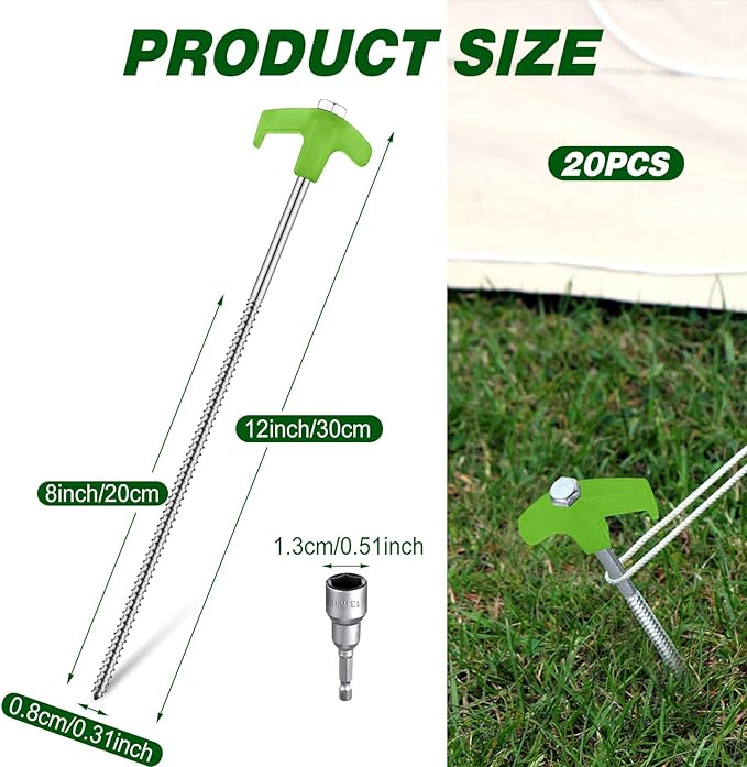 Hicarer 12 Inch Tent Stakes Screw in Camping Stakes Heavy Duty Metal Stake Ground Anchor Peg Threaded Tent Spikes with Hex Head Driver for Camping Garden Inflatable