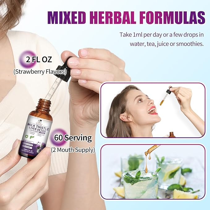 Milk Thistle Supplement, Liver Cleanse Liquid Drops Silymarin 230mg for Liver Repair, Antioxidant Support, Kidney Health Support with Dandelion Root, Turmeric, Glutathione - 2Fl Oz