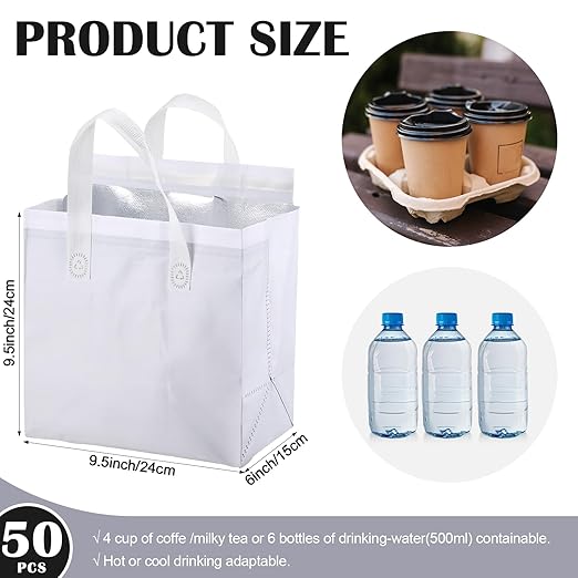 50 Pcs Insulated Take Away Bags Bulk Thermal Insulation Food for Coffee Milk Tea Hot Cold Food Fresh Seafood Cooler Pizza Delivery Bags for Catering Restaurant Grocery (White)