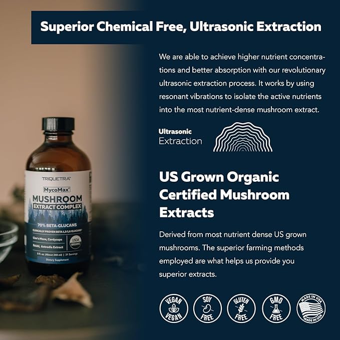 MycoMax Mushroom Complex - 70% Beta Glucans, Max Potency Mushroom Supplement, US Grown + Ultrasonic Extraction - Lions Mane, Cordyceps, Reishi & More - Promotes Cognition, Immunity, Energy - 8 oz.