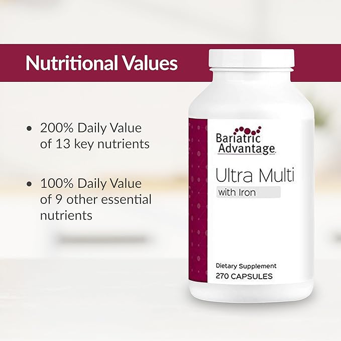Bariatric Advantage Ultra Multivitamin with Iron - Ultra Multi with Iron - Capsule Format Multivitamin - Provides Full Complex of B Vitamins - with Vitamin C, Chromium & More - 270 Capsules