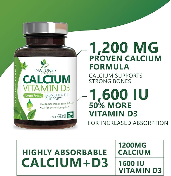 Calcium Supplement with Vitamin D - 1200 mg Calcium Carbonate with 1600 IU of D3 Vitamins - Supports Bone Strength, Teeth & Immune System - Natural & Easily Absorbable for Women & Men - 240 Tablets
