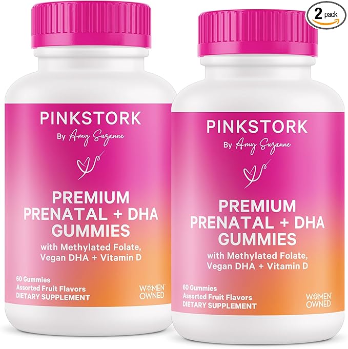 Pink Stork Premium Prenatal Gummy Vitamins with DHA, Folate, and Vitamin D - 60 Vegan Gummies - 2 Pack