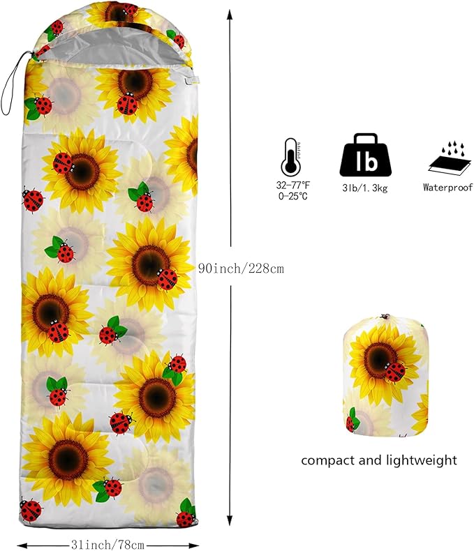 AILONEN Kids Floral Cat Camping Sleeping Bags,Lightweight & Waterproof,3 Season Warm & Cool Weather,Kawaii Kitten Sleeping Bags for Girls Adults,Travelling,Outdoors