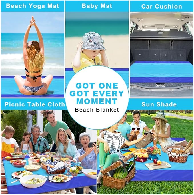 Beach Blanket Beach Mat, Sandproof Waterproof Beach Mat, Extra Large 108 * 118 in (8-10People) Picnic Blanket with 1 Storage Bag, 1 Carabiner & 4 Fixed Nails for Beach, Camping, Hiking, Picnic