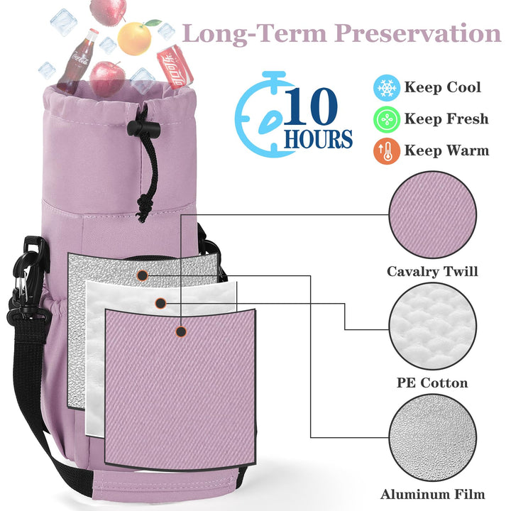 FCQQYWZ Water Bottle Carrier with Strap,64oz 87oz Sports Insulated Crossbody Water Bottle Bag with Adjustable Hand Shoulder Strap and 4 Pockets for Men Women Hiking Camping Travelling (Purple)