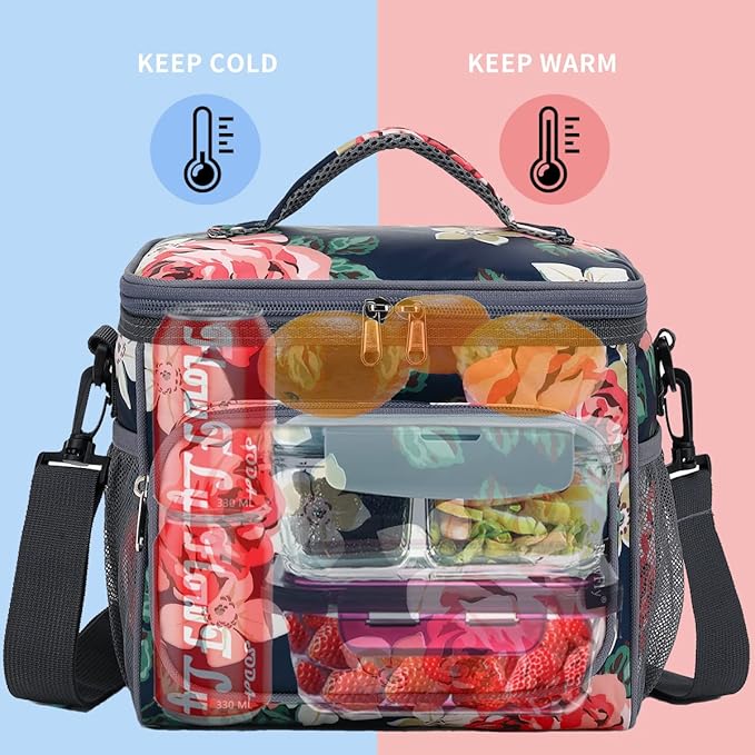 FlowFly Insulated Reusable Lunch Bag Adult Large Lunch Box for Women and Men with Adjustable Shoulder Strap,Front Zipper Pocket and Dual Large Mesh Side Pockets,Peony