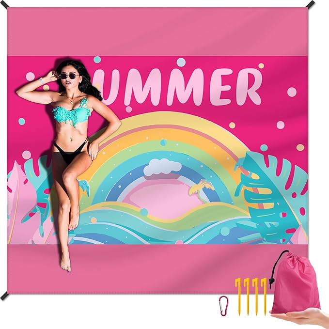 Beach Blanket Waterproof Sandproof Large Beach Mat 79" X 83" for 2-4 Adults Sand Free Mat Quick Drying,Lightweight & Durable with 4 Stakes & 4 Corner Pockets for Beach Travel Camping.(Pink)