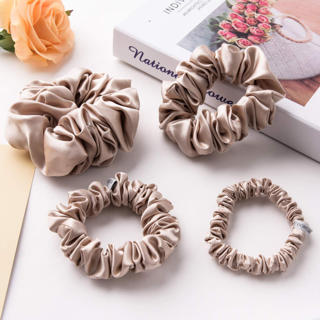 MTSNOO Silk Scrunchies, 4 Pack 100% Pure 22 Momme Mulberry Silk Scrunchies for Curly Hair, Hair Sleep Ties Ropes Scrunchies Set for Women Girls, Champagne