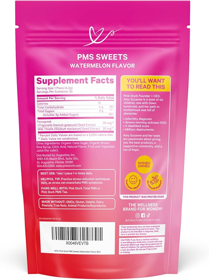 Pink Stork Watermelon PMS Sweets for Teens and Women with Fenugreek & Milk Thistle, Simple & Natural Ingredients for Period Support, Digestion, Bloating, & Mood Support - 30 Drops