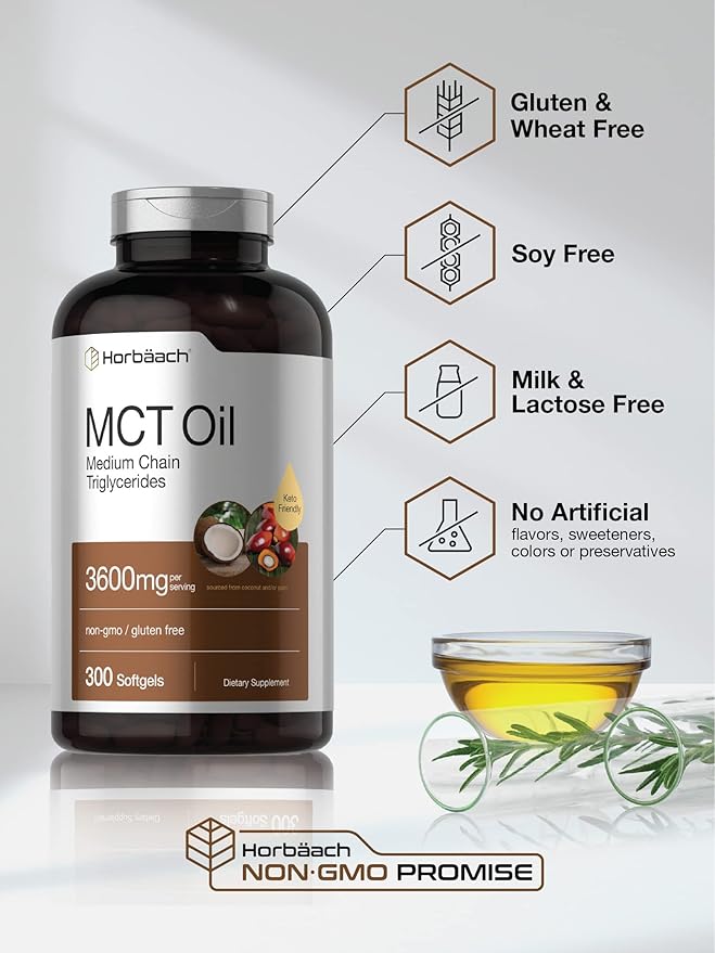 Horbäach Keto MCT Oil Capsules 3600mg | 300 Softgels | Coconut Oil Pills | Non-GMO and Gluten Free Formula | High Potency and Value Size Supplement