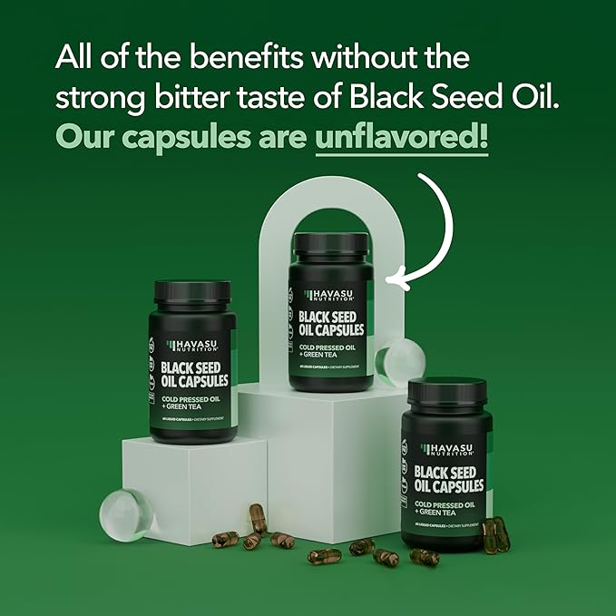 Cold Pressed Black Seed Oil Liquid Capsules with Green Tea Extract for Energy and Digestive Health Support - 60 Count - Nigella Sativa Supplement - Unflavored, Vegan, Non-GMO - 1 Month Supply