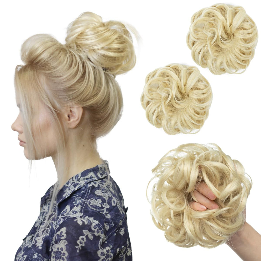 SARLA 2PCS Beach Blonde Updo Messy Bun Hair Hair Piece Synthetic Wavy Curly Scrunchies Ponytail Extension for Women Girls