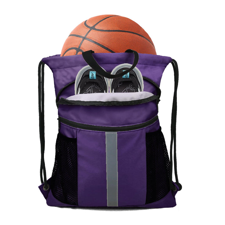 BeeGreen Purple Drawstring Backpack Bag with Shoe Compartment X-Large Gym Sports String Cinch Sackpack with Front Inside Zipper Pockets 75D