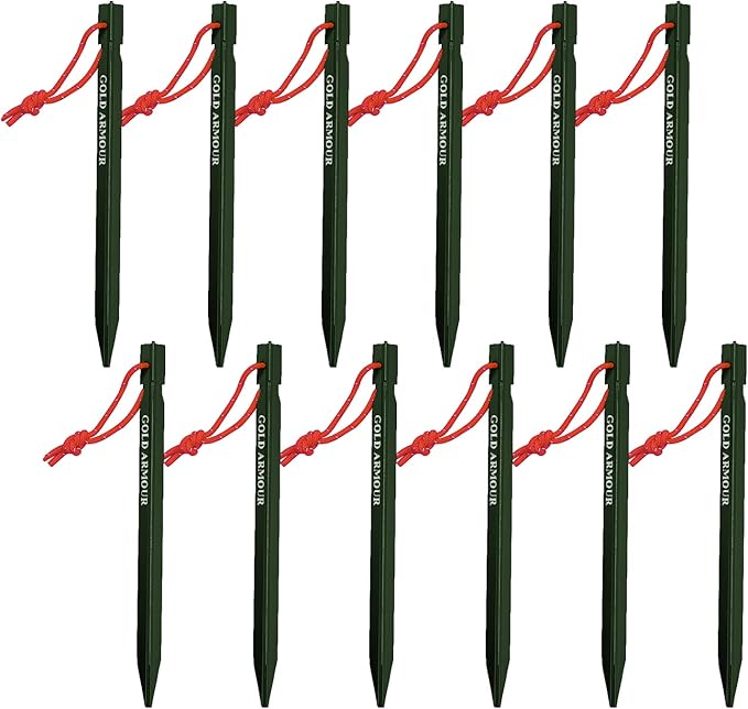 Gold Armour Tent Stakes - 12 Pack Heavy Duty, Lightweight, Camping Stakes Pegs for Outdoor Tent and Tarp, Essential Camping Gear Equipment Accessories (Green)