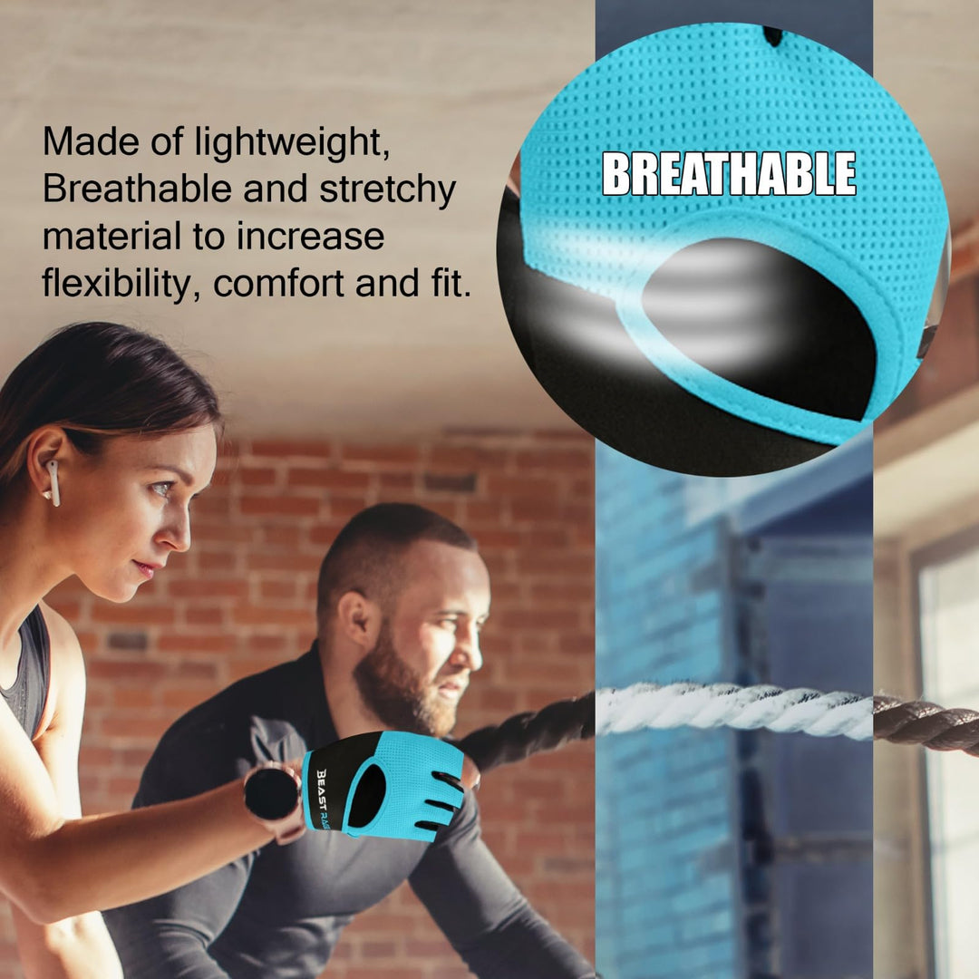BEAST RAGE Workout Gloves for Men Gym Gloves for Weightlifting Women Fingerless with Palm Protection Padding, Breathable and Lightweight Weight Lifting Gloves Cycling Pull Up (Cyan, S)