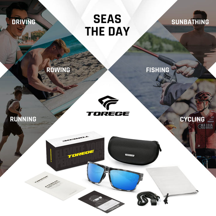 TOREGE Polarized Sports Sunglasses for Men and Women Cycling Running Golf Fishing Sunglasses TR26 (Bright Black& Grey Tortoise Frame& Ice Blue Lens)