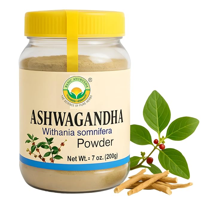 BASIC AYURVEDA Ashwagandha Powder | Pure Withania Somnifera Root | Natural Adaptogen for Daily Routine | Use in Juices, Shakes, Herbal Recipes | 7.05 Oz (200g)