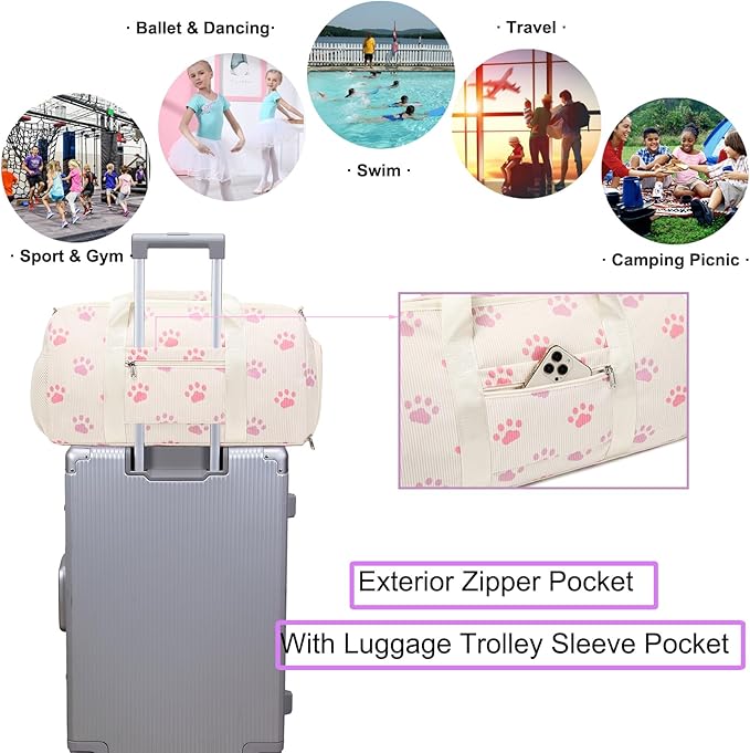Dance Bag for Girls Sports Duffle Bag Teen Gym Bag Ballet Bag with Separate Dry Wet Pocket and Shoes Compartment Weekender Overnight Bag for Teen Girls Corduroy Sequined Cat（Cat Beige）