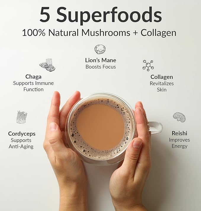 BIOptimizers Mushroom Coffee Alternative – Chai Drink – Lion’s Mane, Chaga, Reishi + Collagen Peptides for Focus, Energy & Gut Health – Adaptogenic Mushrooms & MCT Powder – 30 Servings