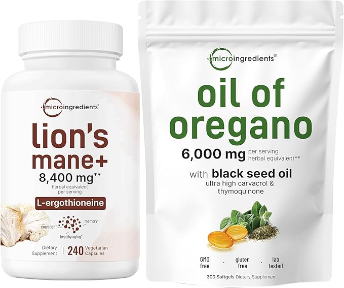 Micro Ingredients Oil of Oregano Softgels 300 Count & Lions Mane Supplement 240 Veggie Capsules Bundle 2 Pack | Carvacrol & Thymoquinone | Superfood Mushroom Antioxidants with L-Ergothioneine