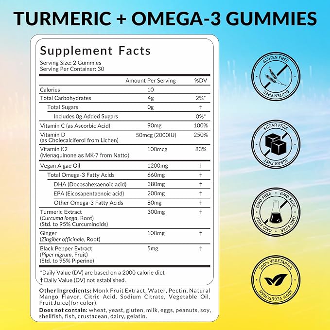 Turmeric Ginger Gummies with Omega 3, Turmeric Curcumin Supplement with Black Pepper,Vitamin D3 & K2 for Women & Men