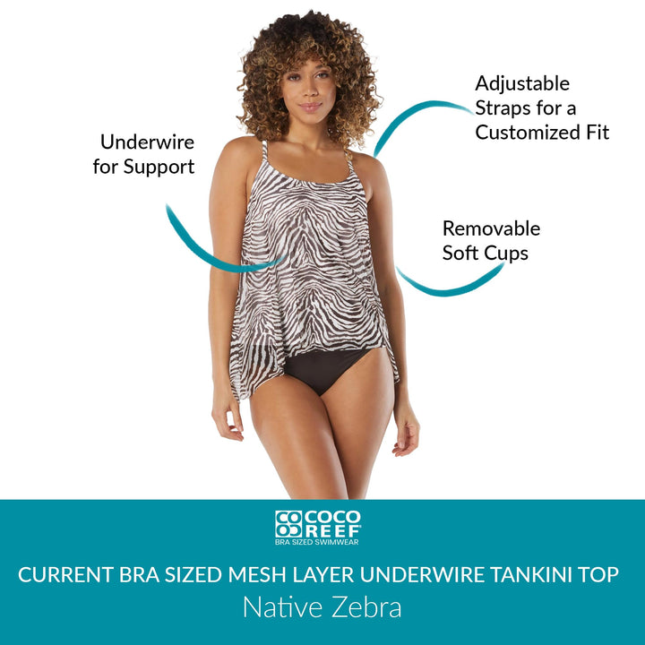 COCO REEF Current Underwire Tankini Top -Loose Fit Swimsuit Top - Native Zebra 32C