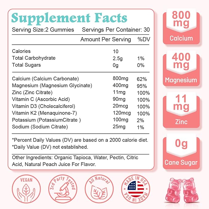 High Absorption Calcium Gummies, Sugar Free Calcium Magnesium Zinc Gummies with Vitamin D3 for Men and Women, Peach Flavored 60 Cts