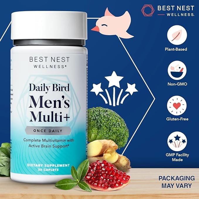 Best Nest Wellness Men's Multi Plus - Daily Multivitamin for Brain & Energy Health Support - Daily Multivitamin for Men - Probiotics & Digestive Enzyme Formula - 30 Caplets