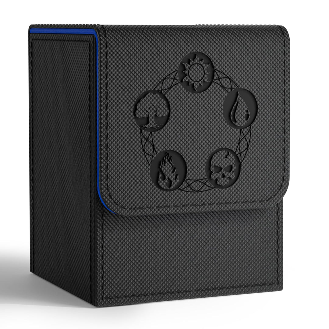 ZLCA Card Deck Box for MTG, Card Storage Box Fits 100+ Single Sleeved Cards, PU Leather Strong Magnet Card Deck Case for Magic Commander TCG Cards (Black& Blue)