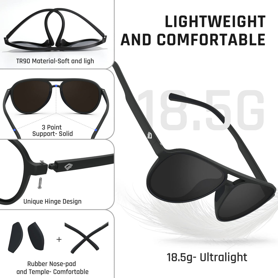 TOREGE Aviator Sunglasses For Men Women Polarized Sunglasses, Black Lightweight Sports Sun Glasses UV400 Protection For Cycling Running Fishing Boating Golf Driving TR75 (Matte Black&Gray Lens C1)