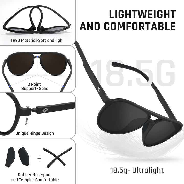 TOREGE Aviator Sunglasses For Men Women Polarized Sunglasses, Black Lightweight Sports Sun Glasses UV400 Protection For Cycling Running Fishing Boating Golf Driving TR75 (Matte Black&Gray Lens C1)