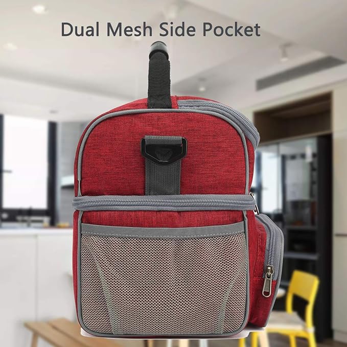 FlowFly Double Layer Cooler Insulated Lunch Bag Adult Lunch Box Large Tote Bag for Men, Women, With Adjustable Strap,Front Pocket and Dual Large Mesh Side Pockets