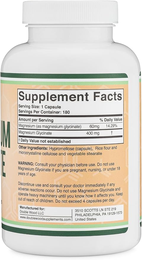 Magnesium Glycinate 400mg, 180 Capsules (Vegan Safe, Third Party Tested, Gluten Free, Non-GMO) High Absorption Magnesium by Double Wood Supplements