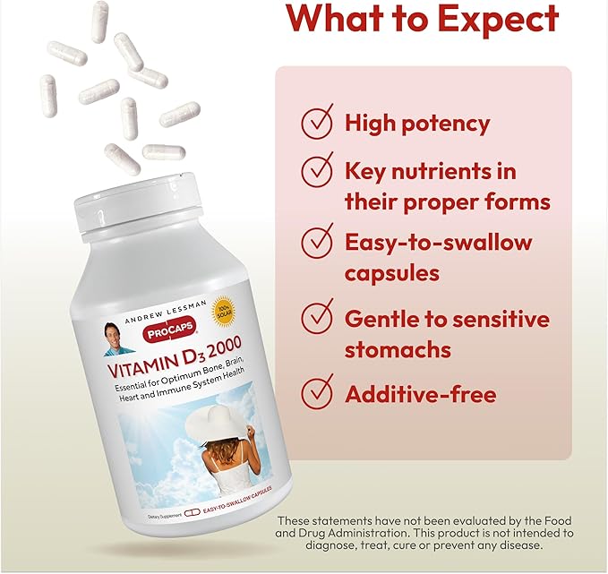 ANDREW LESSMAN Vitamin D3 2000 IU 60 Capsules - High Potency, Essential for Calcium Absorption, Supports Bone Health, Healthy Muscle Function, Immune System, More. Small Easy to Swallow Capsules
