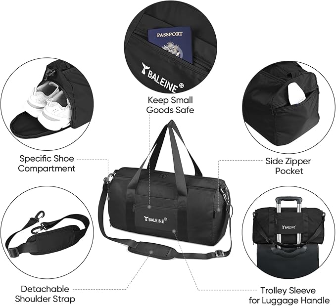 BALEINE Gym Bag for Women and Men, Duffel Bag for Sports, Gyms and Weekend Getaway, Waterproof Dufflebag with Shoe and Wet Clothes Compartments, Lightweight Carryon Gymbag (Black)