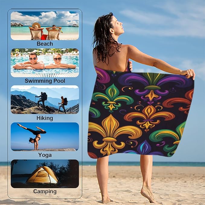 Colorful Mardi Gras Fleur De Lis Beach Towel Oversized Quick Dry Beach Blanket Microfiber Sand Free Absorbent Lightweight Bath Towel for Pool Travel Swimming Camping Women Men, 30" x 60"