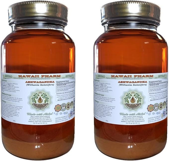 Ashwagandha Alcohol-Free Liquid Extract, Organic Ashwagandha (Withania Somnifera) Dried Root Glycerite Hawaii Pharm Natural Herbal Supplement 2x32 oz Unfiltered