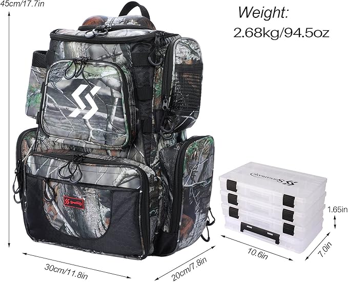 Sougayilang Fishing Tackle Backpack Waterproof Tackle Bag Storage with 4 Trays Tackle Box and Protective Rain Cover for Camping Hiking - Camouflage