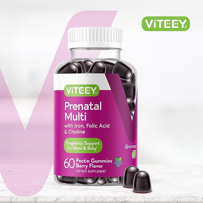 Viteey Prenatal Multi with Iron, Folic Acid & Choline Gummies - Prenatal Multivitamin with Iron, Choline and Folic Acid Gummies - Vegetarian, Gluten Free - Chewable Berry Flavored Prenatal for Women