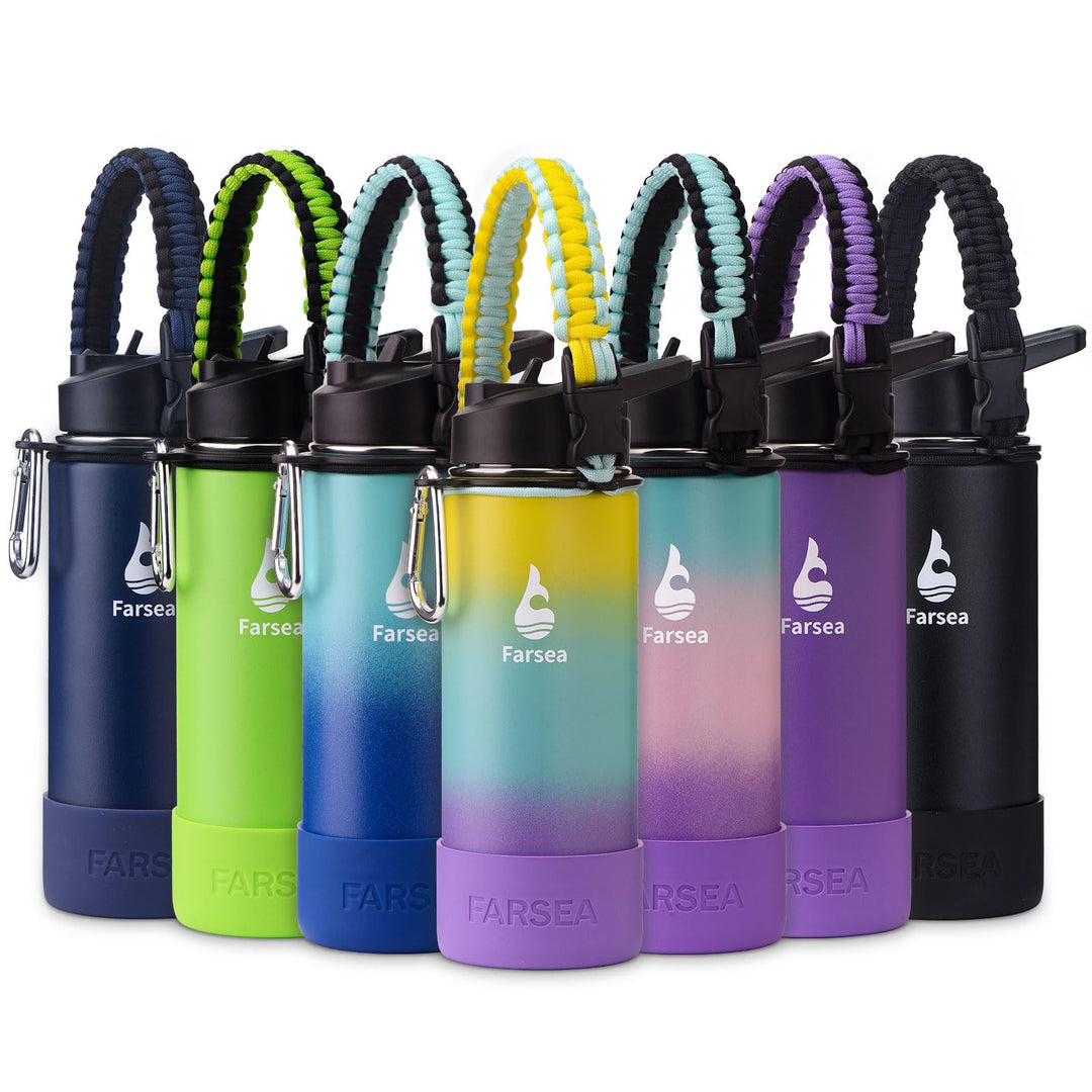 Farsea Insulated Water Bottle With Paracord Handle, Protective Boot and 2 Lids (Straw Lid & Spout Lid), Stainless Steel Water Bottle Wide Mouth, Double Wall Sweat-Proof BPA-Free, 18 oz