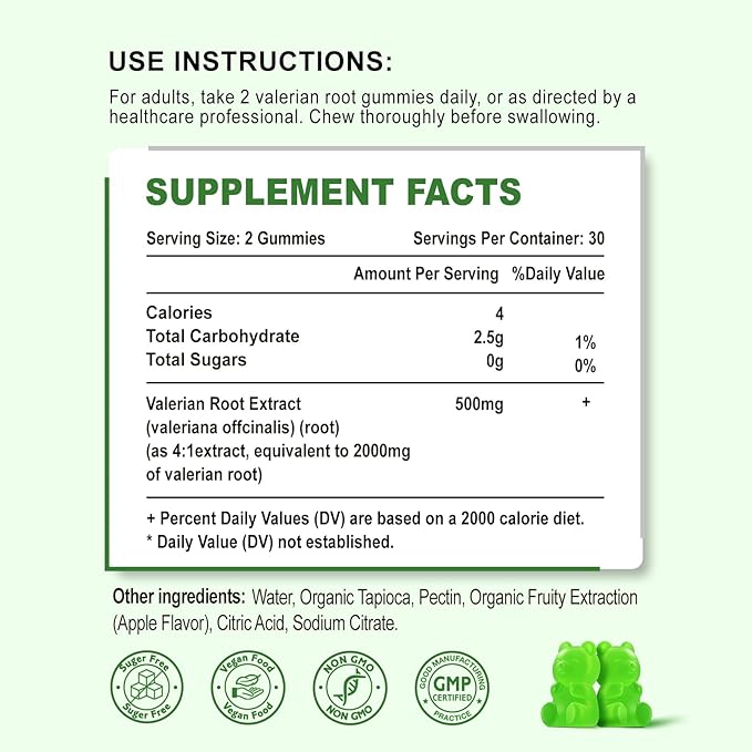 2 Pack Organic Valerian Root Gummies, Herbal Supplement for Relaxation & Mood Support, Sleep Gummies Without Melatonin for Adults, Vegan, Non-GMO, Apple Flavor, 120 Count