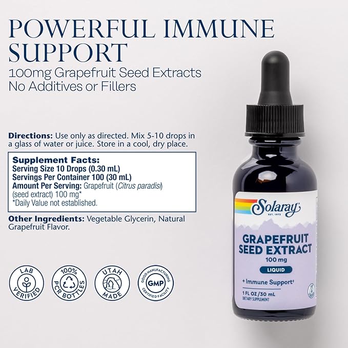 SOLARAY Grapefruit Seed Extract Liquid 100mg - Immune Support Supplement w/Antioxidants and Polyphenols - Gut Health and Digestion Support - 60-Day Guarantee, Lab Verified, Approx. 100 Serv, 1 FL OZ