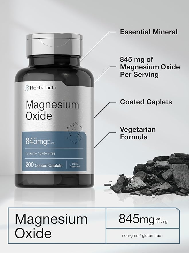 Horbäach Magnesium Oxide | 845 mg | 200 Coated Caplets | Vegetarian, Non-GMO, and Gluten Free Supplement
