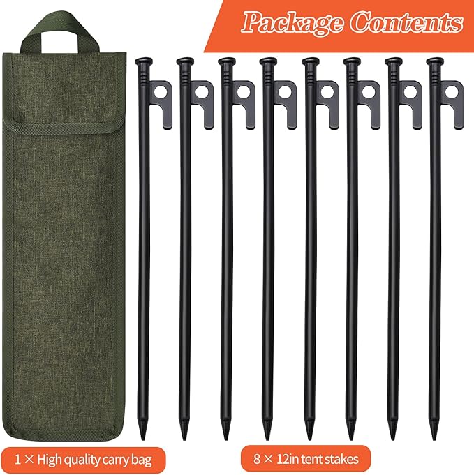 8 Pack Tent Stakes, 12in Tent Stakes Heavy Duty with Storage Bag, Forged Steel Tent Pegs for Camping Unbreakable and Inflexible(8pcs 12in Stakes)